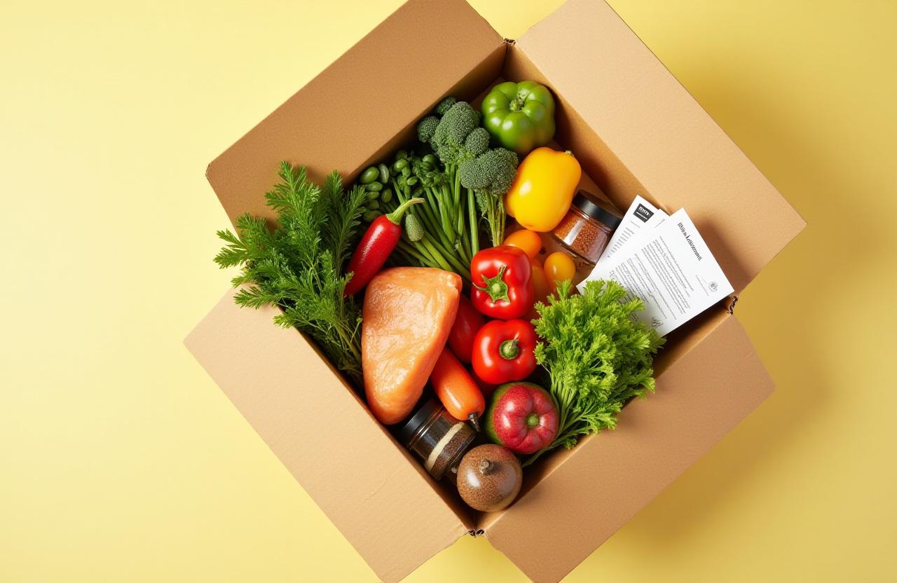 Fresh meal kit with colorful vegetables and recipe cards