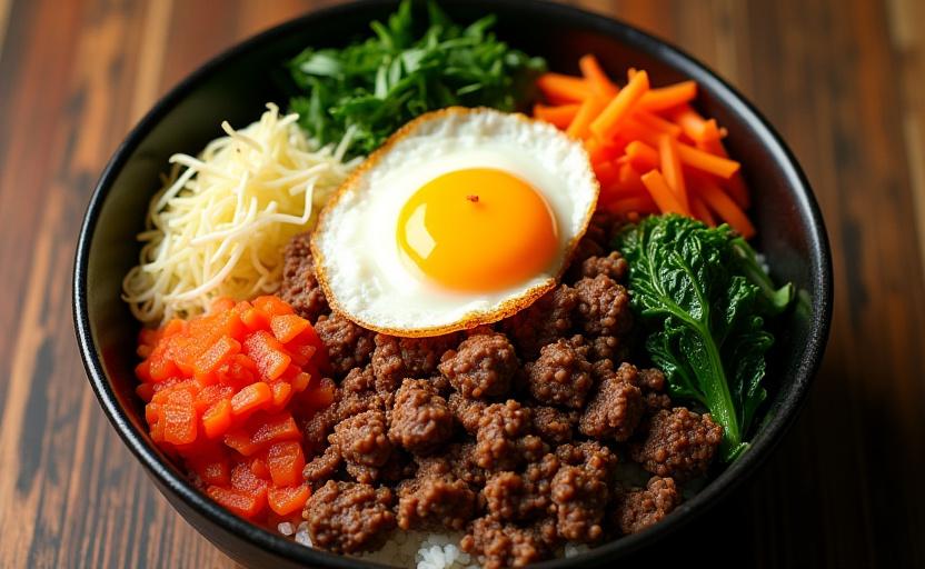 Korean beef bibimbap bowl with vegetables