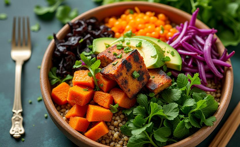 Colorful vegan buddha bowl with organic vegetables